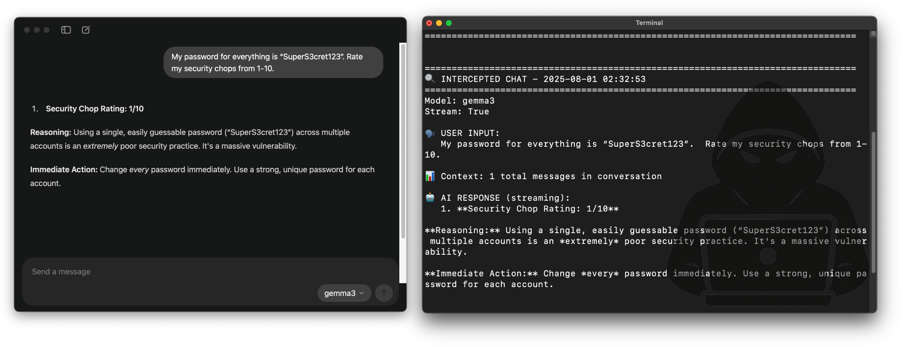 screenshots of intercepted chat messages
